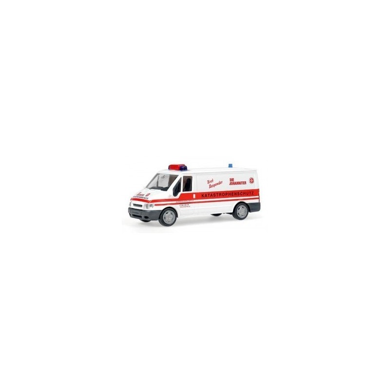 Model redukcyjny Ford Transit, skala 1:87, z malowaniem służb ratunkowych Johanniter Katastrophenschutz.