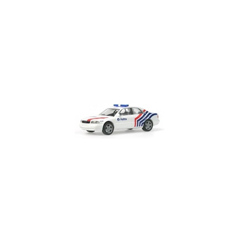 Model Audi A8 policyjny, 1:87, biały z czerwono-niebieskimi pasami i napisem "Politie".