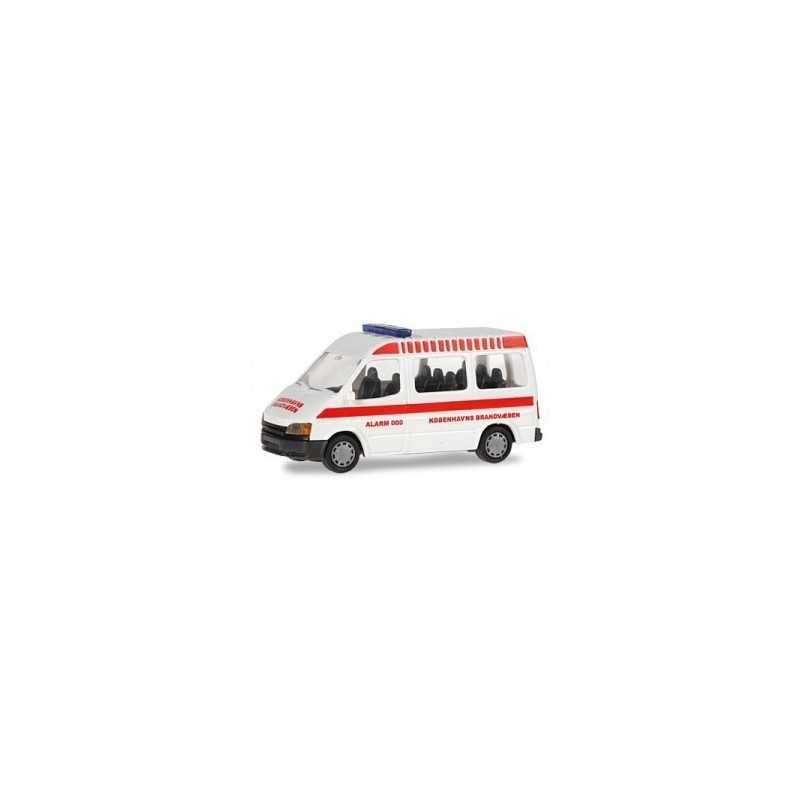 Model redukcyjny FORD Transit Bus KØbenhavns Brandvaesen, skala 1:87. Biały z czerwonymi paskami i napisami, syrena na dachu.