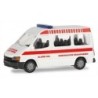 Model redukcyjny FORD Transit Bus KØbenhavns Brandvaesen, skala 1:87. Biały z czerwonymi paskami i napisami, syrena na dachu.