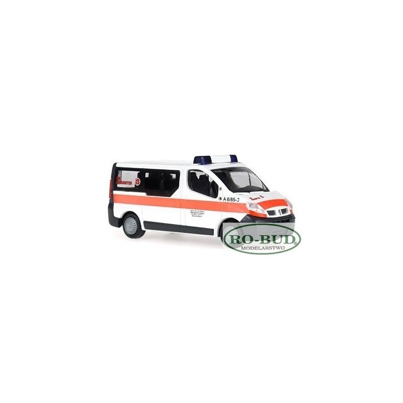 Model redukcyjny Renault Trafic, skala 1:87, Die Johanniter Stuttgart, biały z pomarańczowym paskiem.