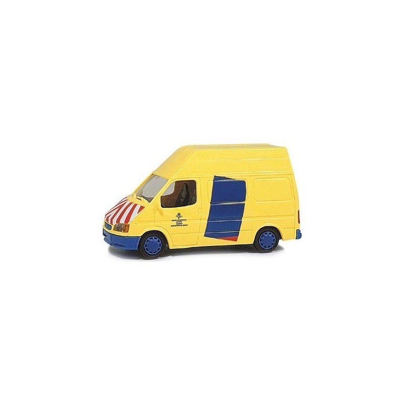 Model redukcyjny FORD Transit Stib, skala 1:87, żółty z niebieskimi i czerwonymi detalami.