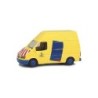 Model redukcyjny FORD Transit Stib, skala 1:87, żółty z niebieskimi i czerwonymi detalami.