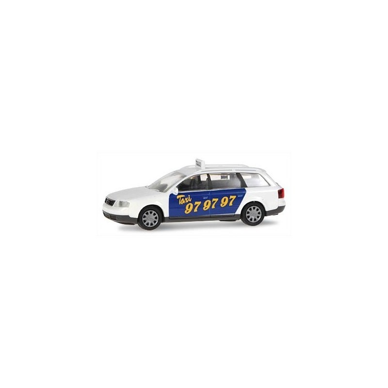 Model redukcyjny AUDI A6 Avant Taxi, skala 1:87, Minichamps. Biały samochód z niebieskim pasem i numerem taksówki.