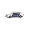 Model redukcyjny AUDI A6 Avant Taxi, skala 1:87, Minichamps. Biały samochód z niebieskim pasem i numerem taksówki.