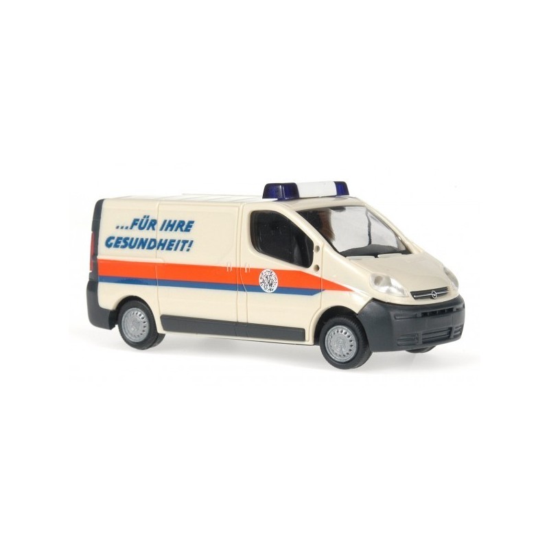 Model redukcyjny Opel Vivaro, skala 1:87, Herpa. Biały van z pomarańczowo-niebieskimi pasami, napis "Für Ihre Gesundheit!".