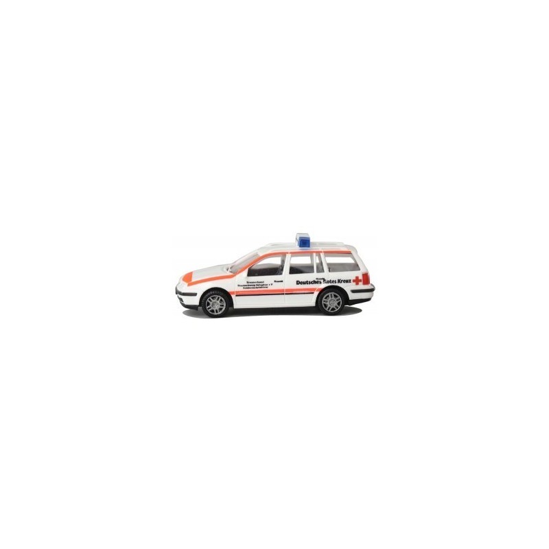 Model redukcyjny VW Golf IV Variant "D R K", skala 1:87. Biały z pomarańczowymi pasami, oznaczenia niemieckiej czerwonego krzyża