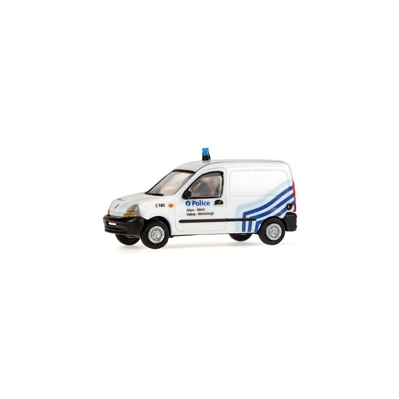 Model redukcyjny Renault Kangoo Police, skala 1:87, Norev. Biały z niebieskimi pasami, oznaczenia policyjne.