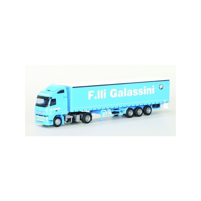 Model redukcyjny Volvo, skala 1:87, AWM. Jasnoniebieska ciężarówka z naczepą, logo F.lli Galassini.