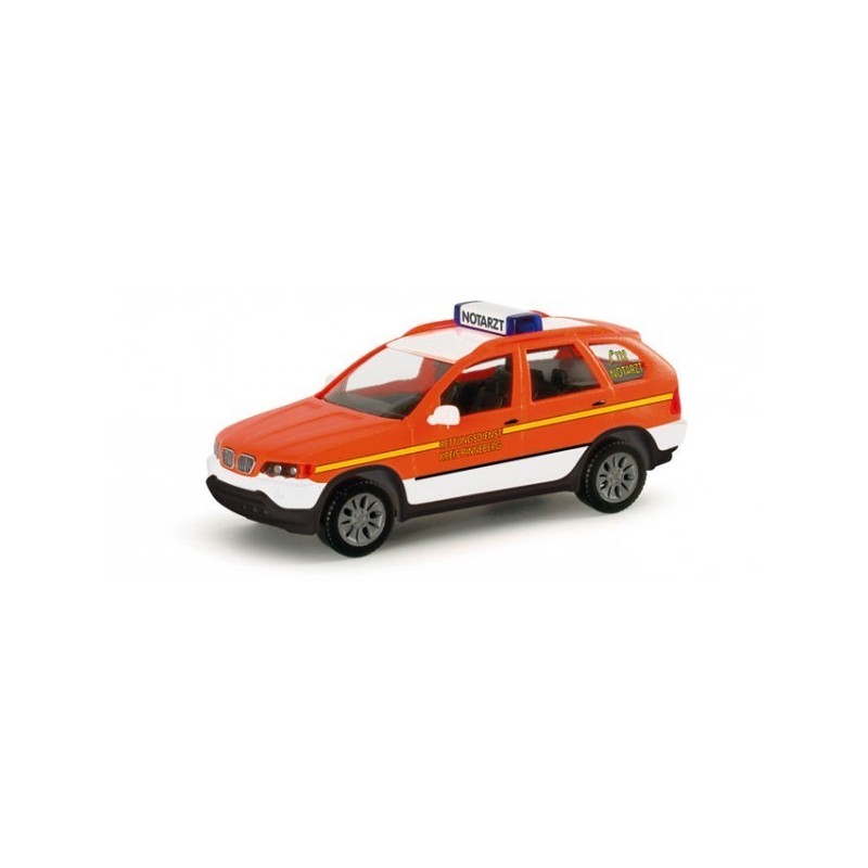 Model redukcyjny BMW X5, skala 1:87, Herpa. Pojazd ratunkowy w kolorach pomarańczowym i białym.