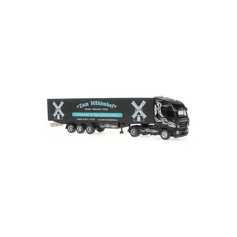 IVECO Stralis, skala 1:87, naczepa "Zum Mühlenhof", czarne malowanie z wiatrakami.