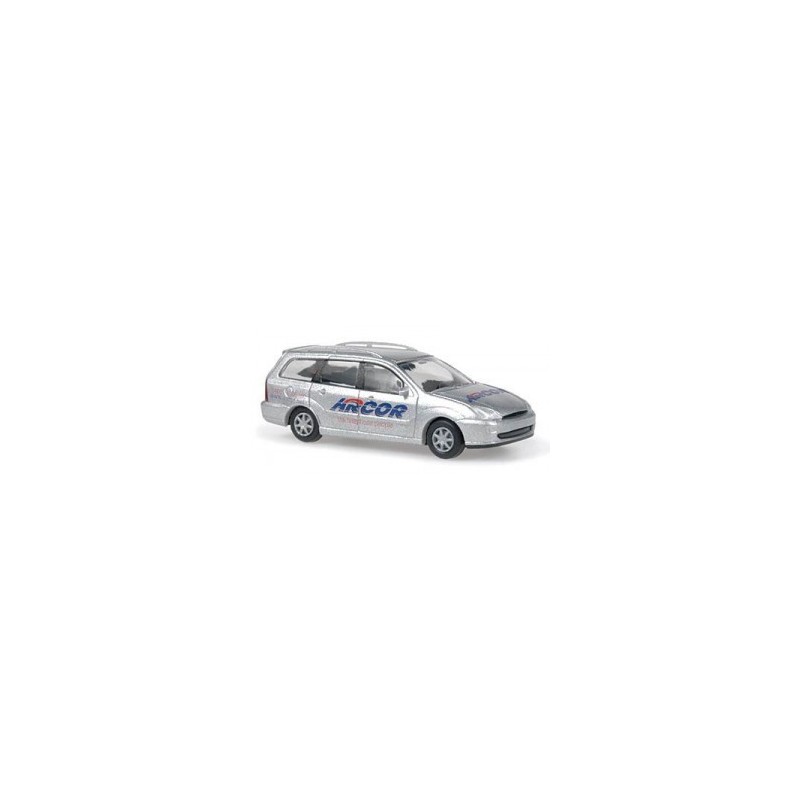 Model redukcyjny Ford Focus Turnier Arcor Servicewagen, skala 1:87, PCX87. Srebrny samochód z logo Arcor.