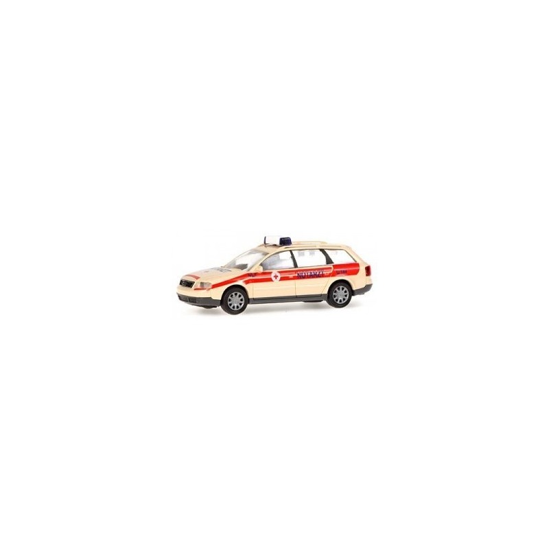 Model redukcyjny Audi A6 Avant Notarzt, skala 1:87, kremowy z czerwonymi paskami i napisem Notarzt.