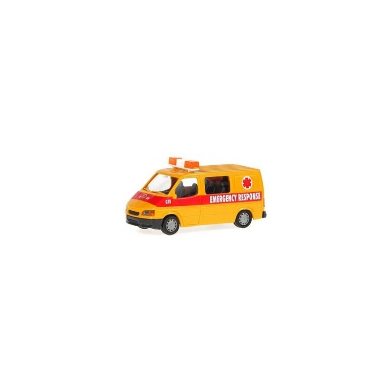 Model redukcyjny FORD Transit Emergency Response, skala 1:87. Żółty samochód z czerwonym paskiem i napisem "EMERGENCY RESPONSE".
