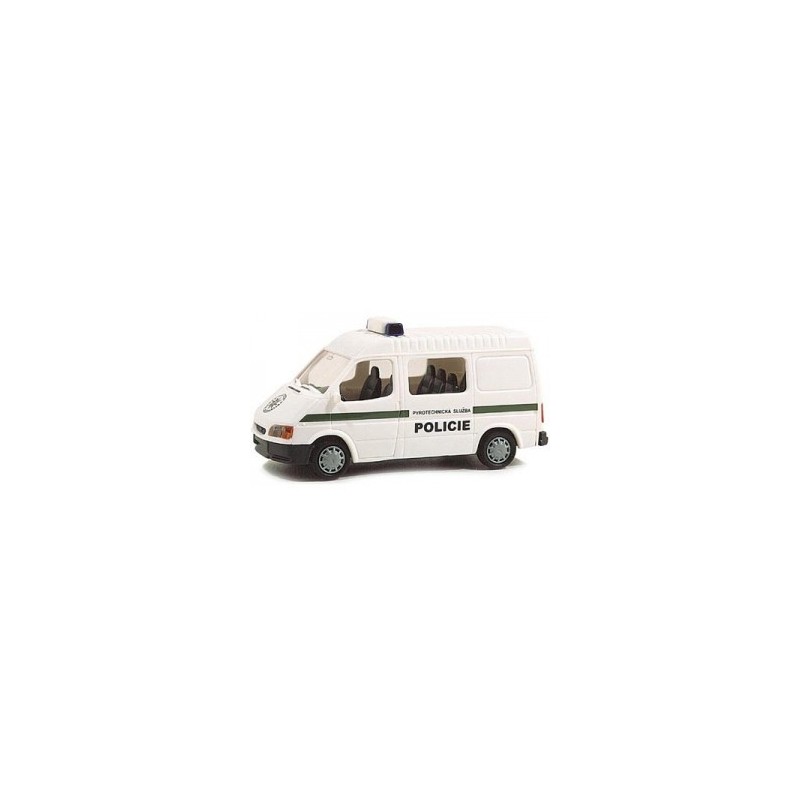 Model redukcyjny FORD Transit Policie, skala 1:87. Biały van z zielonym paskiem i napisem "POLICIE".