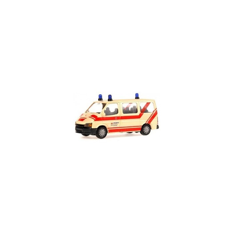 Model redukcyjny FORD Transit BRK Schirnding, skala 1:87. Żółty z czerwonymi pasami i niebieskimi światłami.