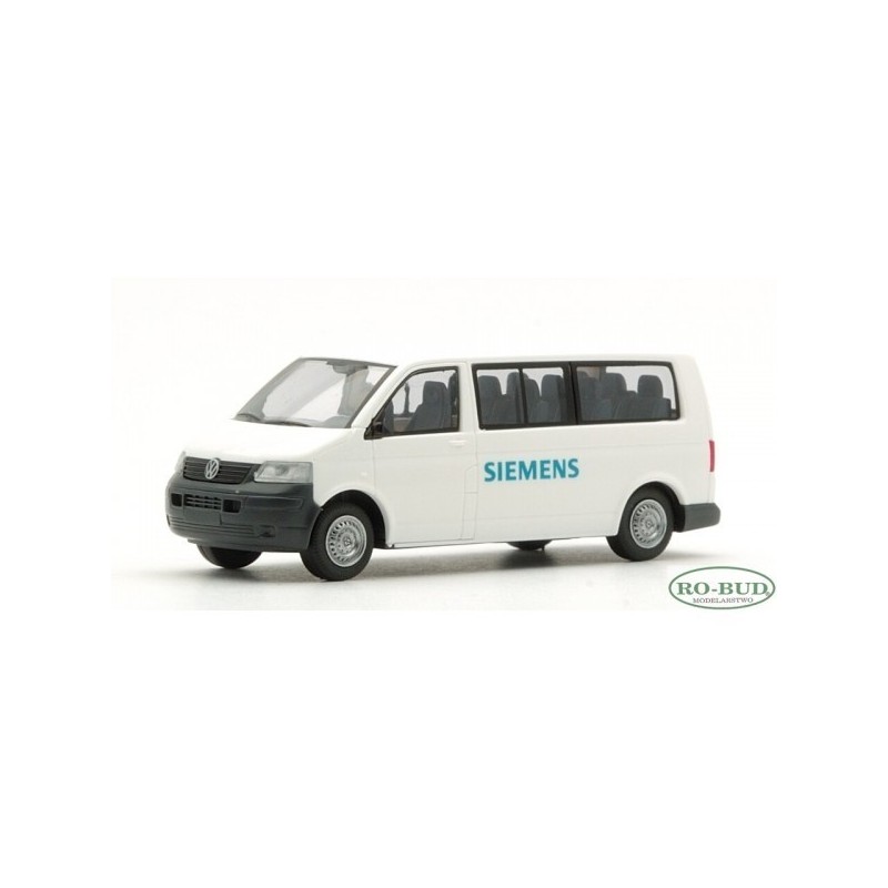 Model redukcyjny Volkswagen T5 Transporter Bus, skala 1:87, RO-BUD. Biały z logo Siemens.