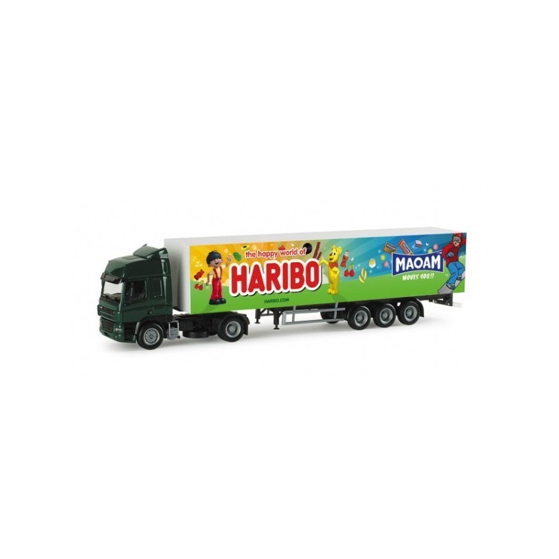 Model DAF CF Haribo/Maoam, skala 1:87, Herpa. Zielona ciężarówka z naczepą w kolorach Haribo i Maoam.