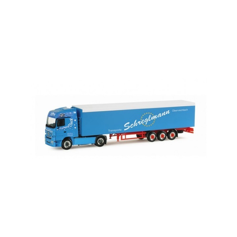 Model redukcyjny Mercedes-Benz Actros, skala 1:87, Herpa. Niebieska ciężarówka z naczepą, logo Schreglmann.