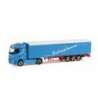 Model redukcyjny Mercedes-Benz Actros, skala 1:87, Herpa. Niebieska ciężarówka z naczepą, logo Schreglmann.