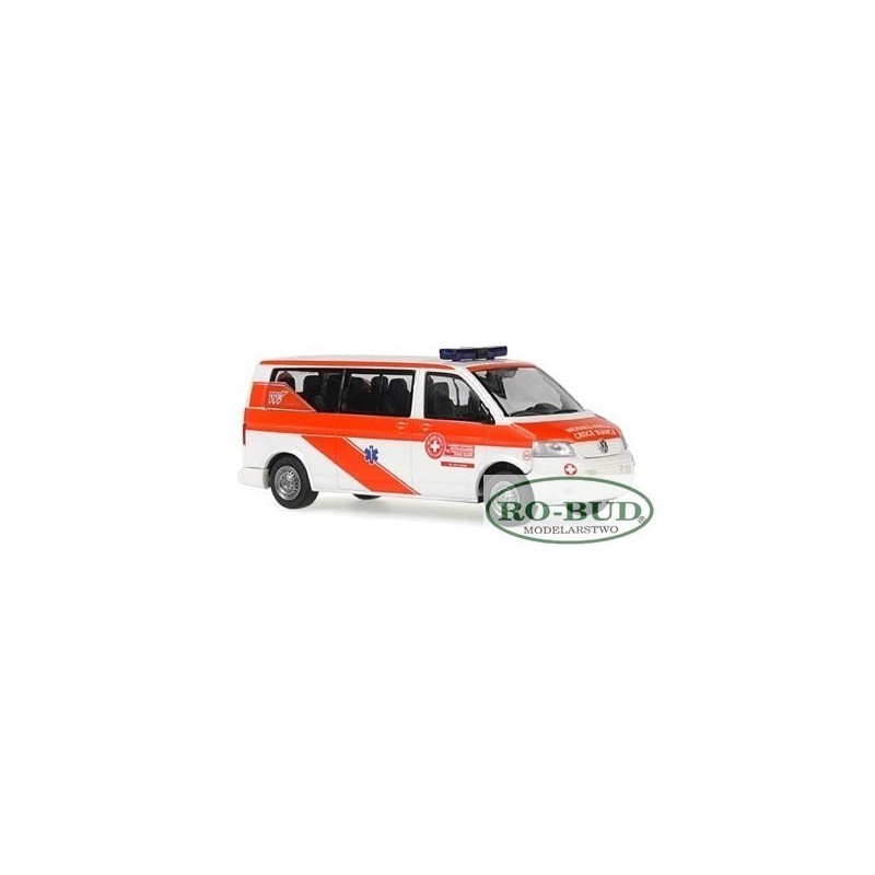 Model redukcyjny VW T5 Transporter MTW Croce Blanca, skala 1:87. Biała i pomarańczowa karetka.