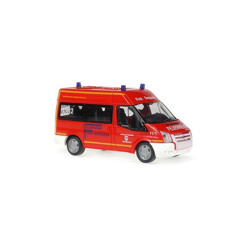 Model redukcyjny Ford Transit 2006, skala 1:87, Feuerwehr Heigenbrücken, czerwony z napisami.