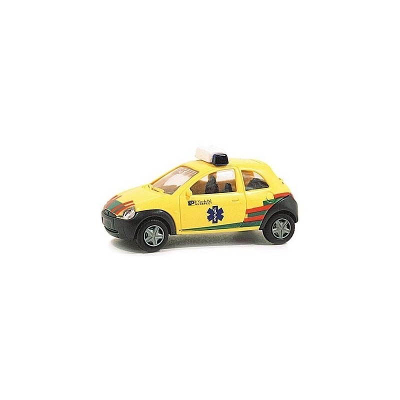 Model FORD Ka Notarzt, skala 1:87, RIETZE. Żółty z czerwono-zielonymi pasami, syreną i krzyżem.