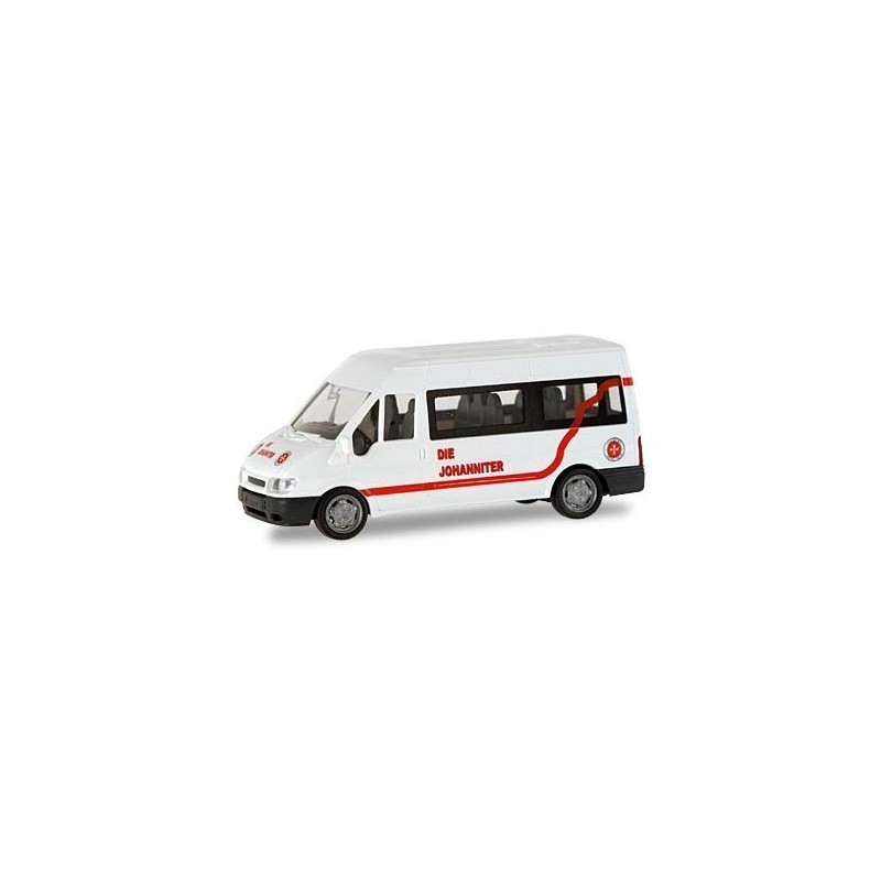 Model redukcyjny FORD Transit 2000, skala 1:87, Die Johanniter. Biały z czerwonymi akcentami.