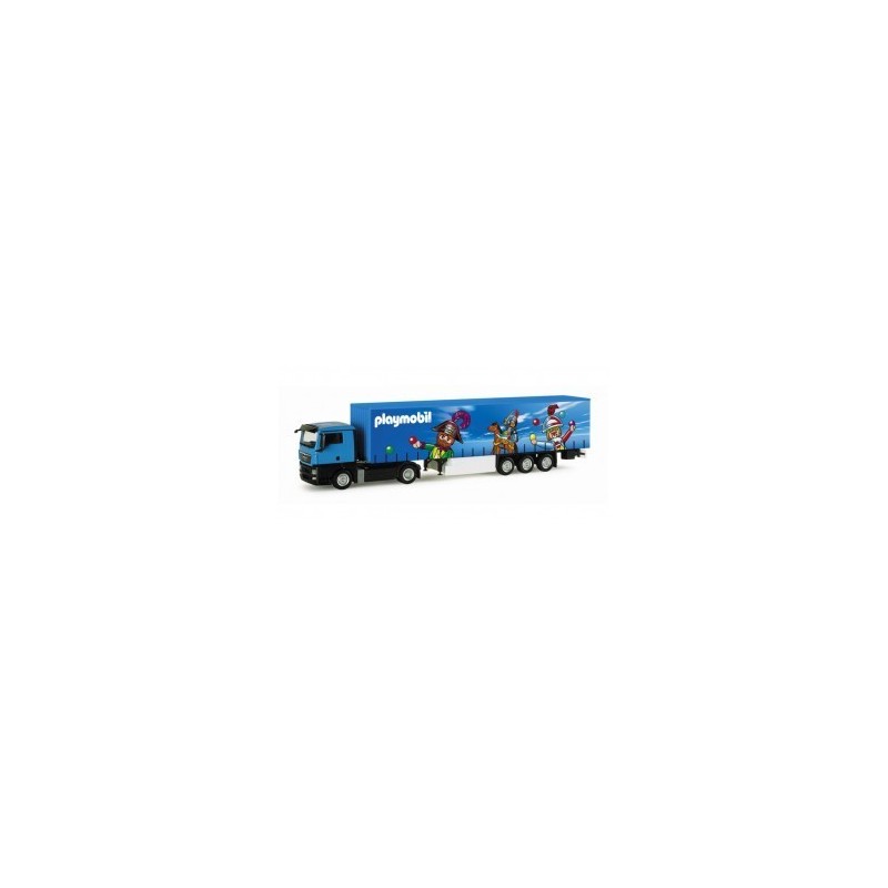 Model redukcyjny MAN TGX, skala 1:87, Herpa. Niebieska ciężarówka z naczepą Playmobil.