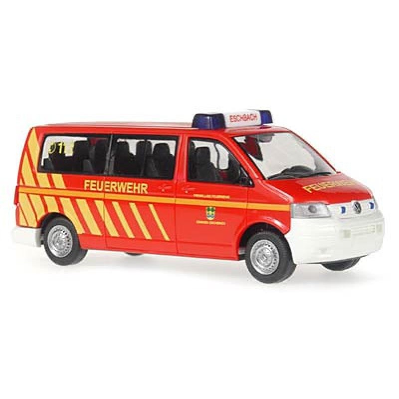 Model redukcyjny VW T5 FFW Eschbach, skala 1:87, czerwony z żółtymi pasami, napis "FEUERWEHR".