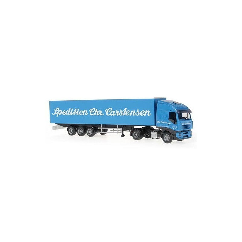 Model redukcyjny VECO Stralis Sattelzug, skala 1:87, VECO. Niebieska ciężarówka z naczepą, logo "Spedition Chr. Carstensen".