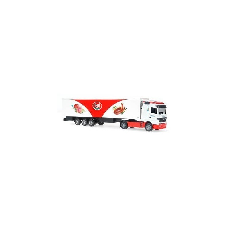 Model redukcyjny Mercedes-Benz Actros, skala 1:87, z naczepą Bell, czerwono-biały.