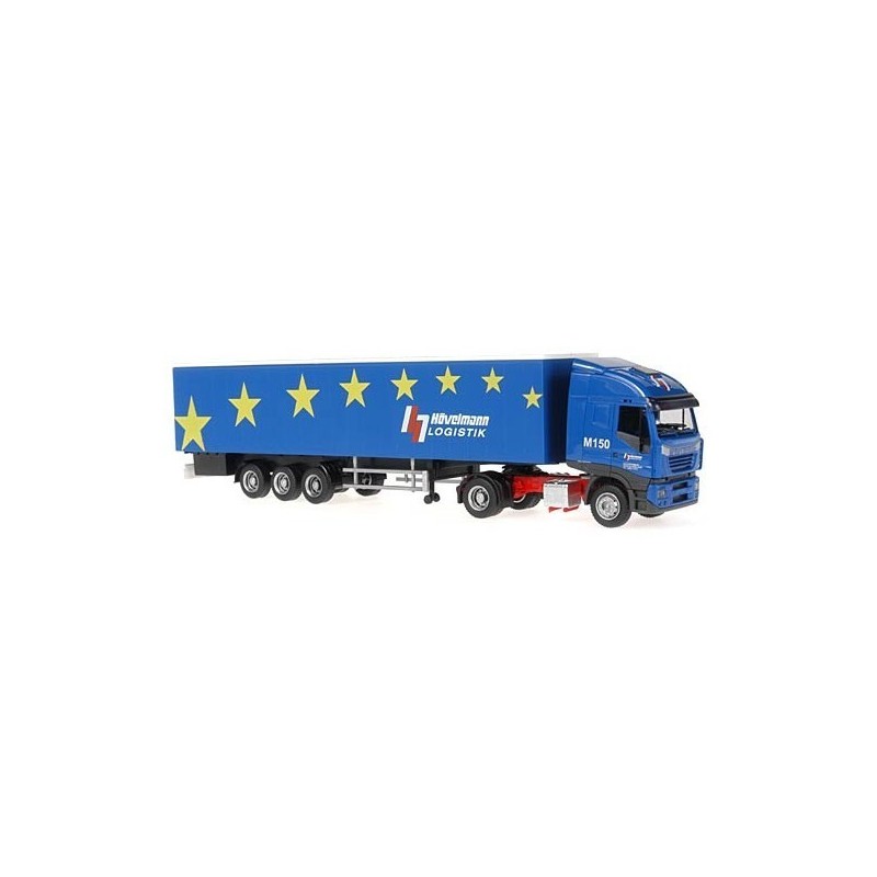 IVECO Stralis, skala 1:87, Hövelmann Logistik. Niebieska ciężarówka z naczepą w gwiazdach, logo logistyczne.