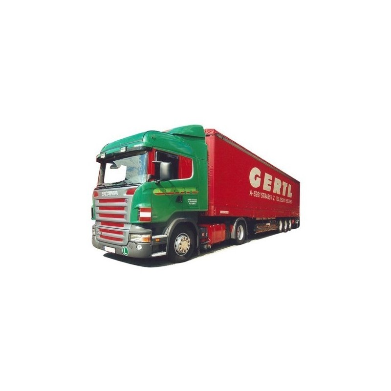 Model Scania High./Aerop. - PrSZ, skala 1:87, AWM. Zielony ciągnik siodłowy z czerwoną naczepą, malowanie Gertl.