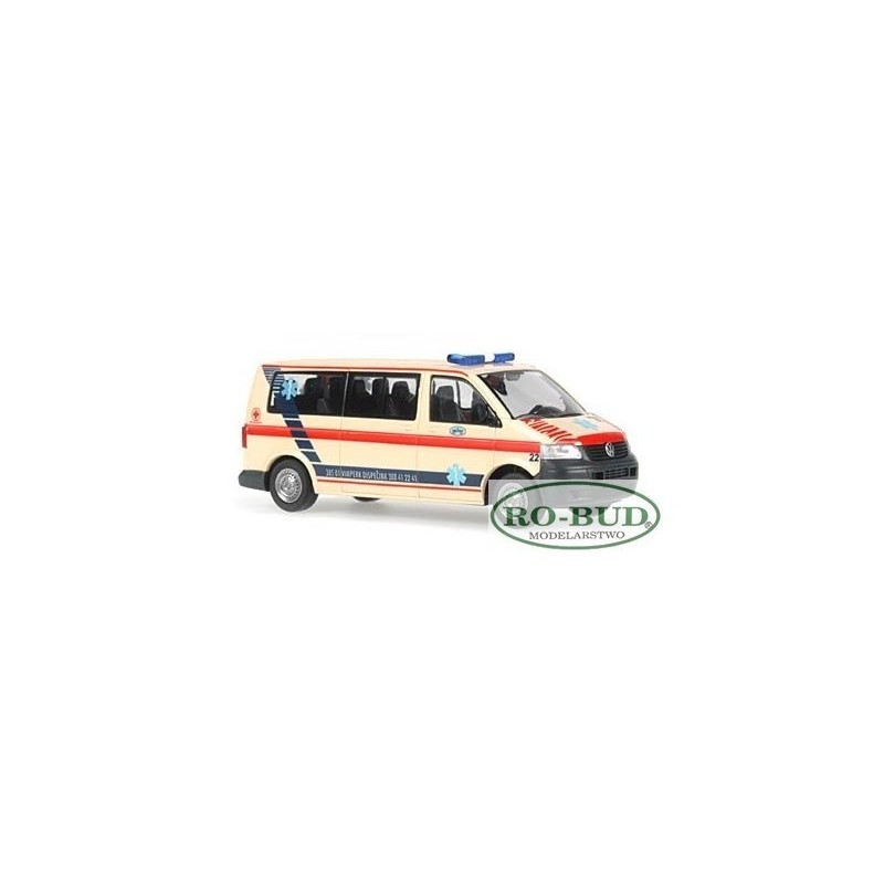 Model redukcyjny Volkswagen T5 Ambulance, skala 1:87, Vimperk, czerwono-biały.