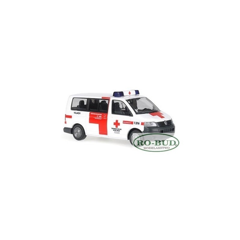 Model redukcyjny Volkswagen T5 Transporter Bus, skala 1:87, RO-BUD. Biały ambulans z czerwonymi oznaczeniami, napis Villach.