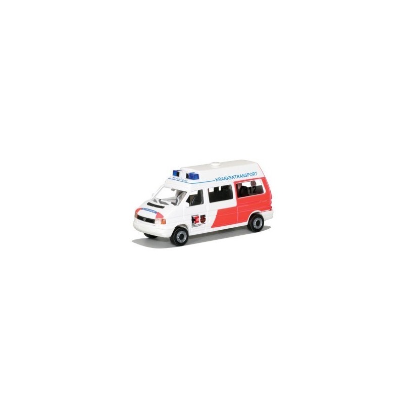 Model redukcyjny VW T4, skala 1:87, KTW Märkisch Oderland. Biała i czerwona karetka z napisem "Krankentransport".