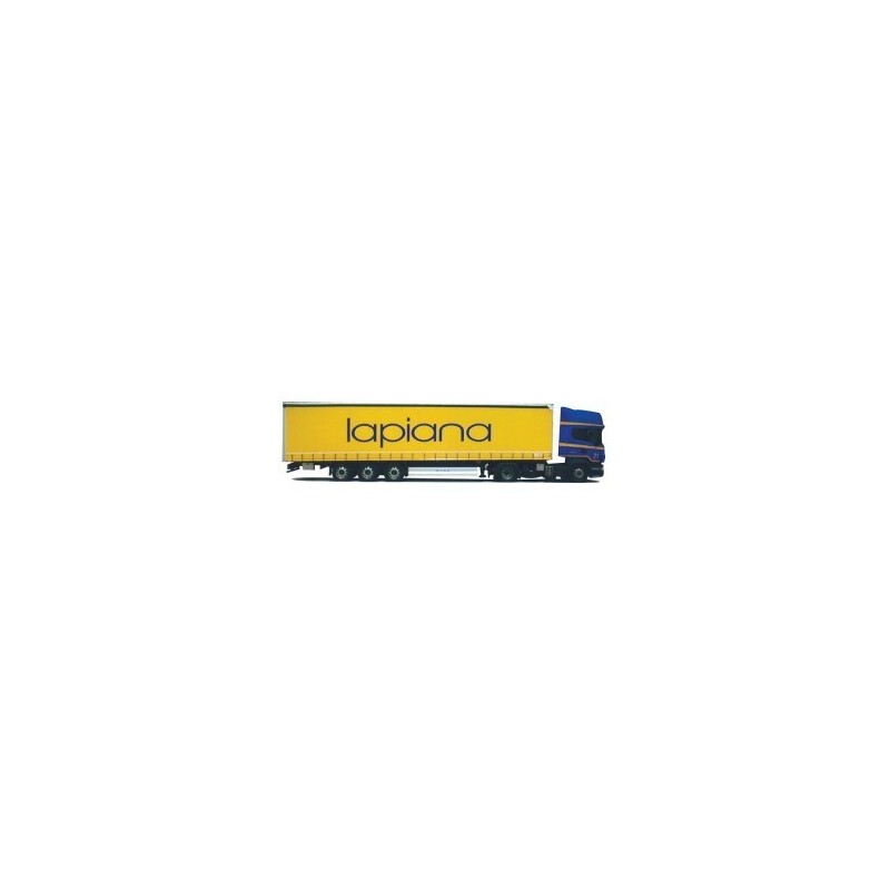 Model Scania R, skala 1:87, AWM. Żółta naczepa z napisem "lapiana", kabina niebieska.