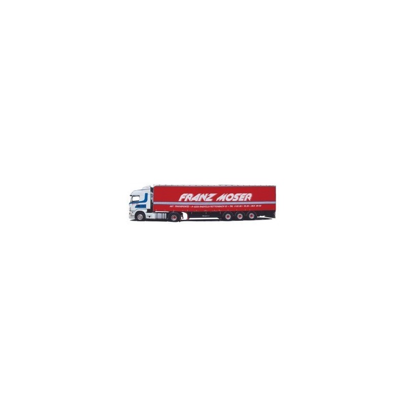 Model Scania High/Aerop. G-KSZ, skala 1:87, AWM. Czerwony kontener z napisem Franz Moser.