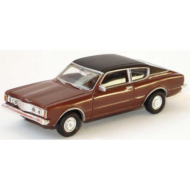 Ford Taunus 1600 Coupé, skala 1:87, HERPA. Czerwono-brązowy samochód z czarnym dachem.