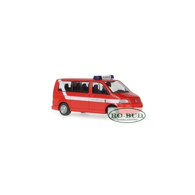 Model redukcyjny Volkswagen T5, skala 1:87, czerwony z białymi pasami, oświetleniem sygnalnym.