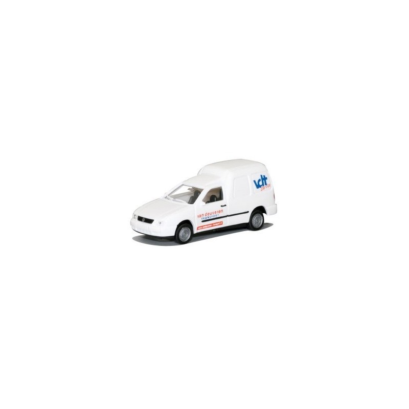 Model redukcyjny VW Caddy Van Deuveren, skala 1:87. Biały van z logo Van Deuveren.