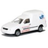 Model redukcyjny VW Caddy Van Deuveren, skala 1:87. Biały van z logo Van Deuveren.
