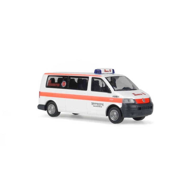 Model redukcyjny Volkswagen T5 Transporter, skala 1:87, KTW. Biały z pomarańczowym paskiem, logo Johanniter-Unfall-Hilfe.