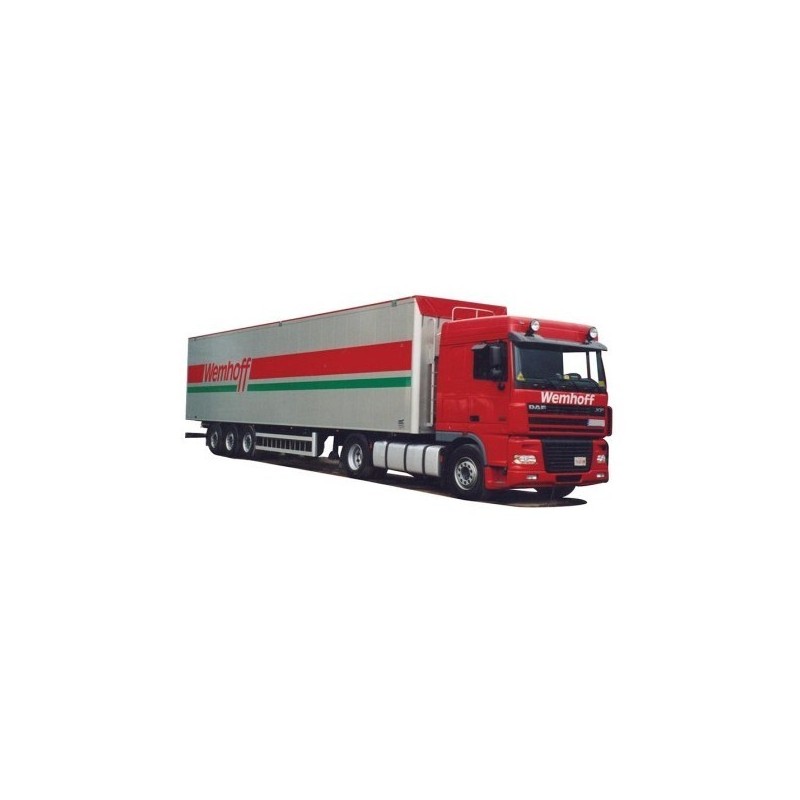 Model DAF XF 95 SC z naczepą Schubboden-SZ Wemhoff, skala 1:87. Czerwono-szary zestaw z logo Wemhoff.
