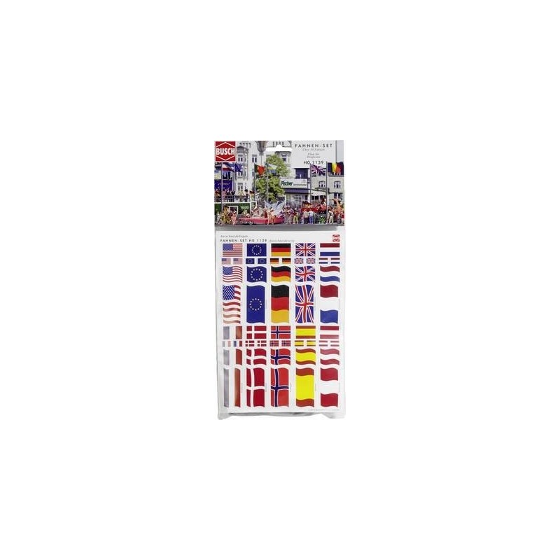 Zestaw 50 flag, skala H0, Busch. Różne państwa, kolorowe, do modeli redukcyjnych.