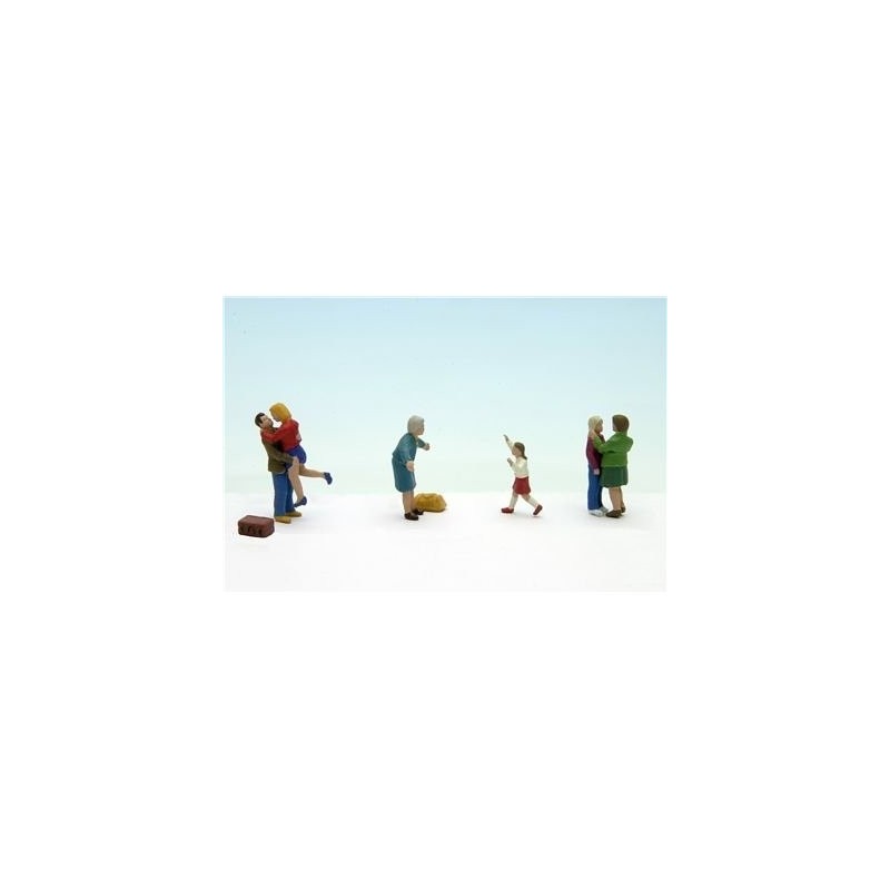 Miniaturowa scena powitalna, 5 figurek ludzi, bagaże, producent nieznany.