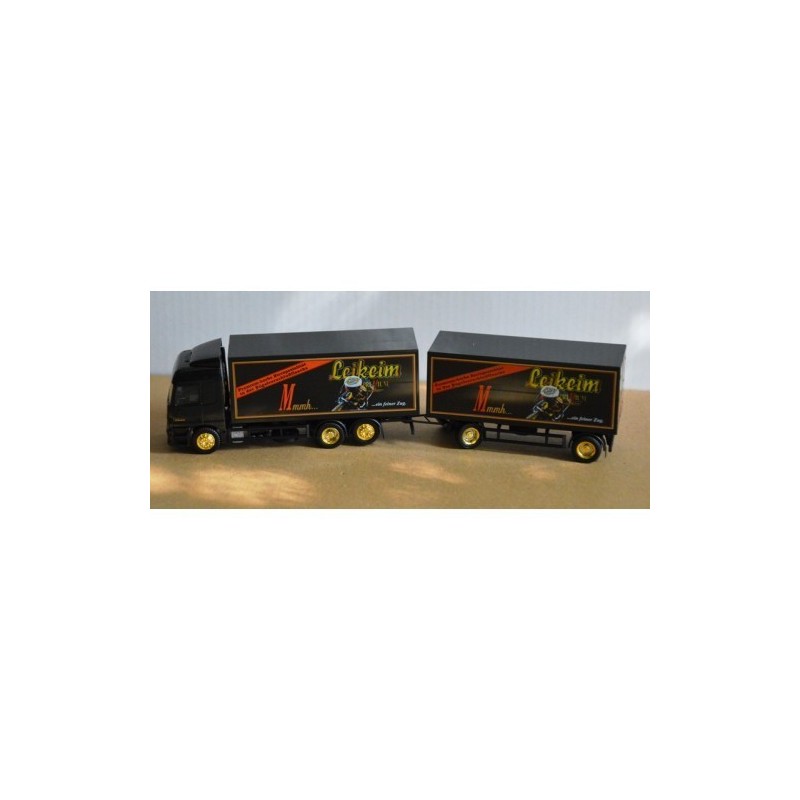 Model redukcyjny Mercedes-Benz Actros Leikeim Bier, skala 1:87, Herpa. Czarny ciągnik siodłowy z naczepą, malowanie Leikeim.
