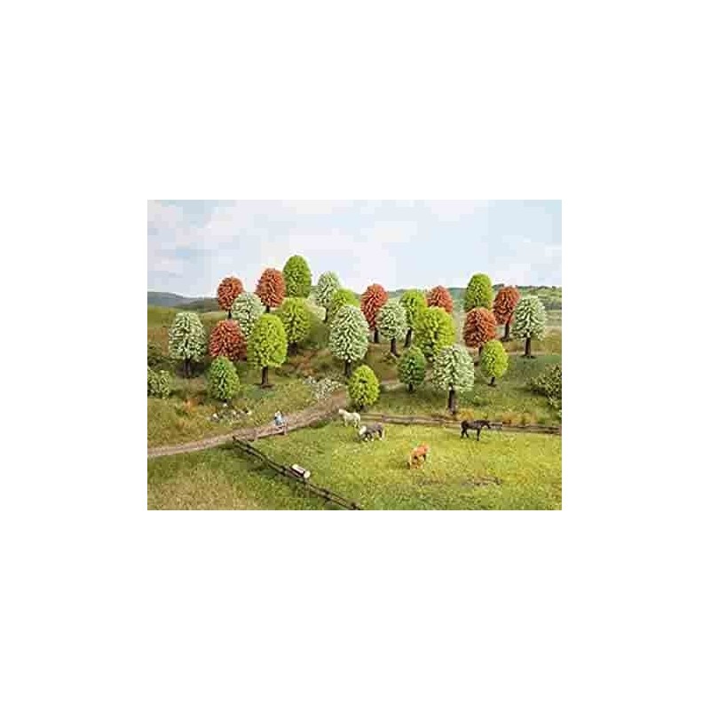 Miniaturka wiosennych drzew, skala nieokreślona, 10 sztuk. Zielone i czerwone drzewa na trawiastym wzgórzu z miniaturowymi zwier