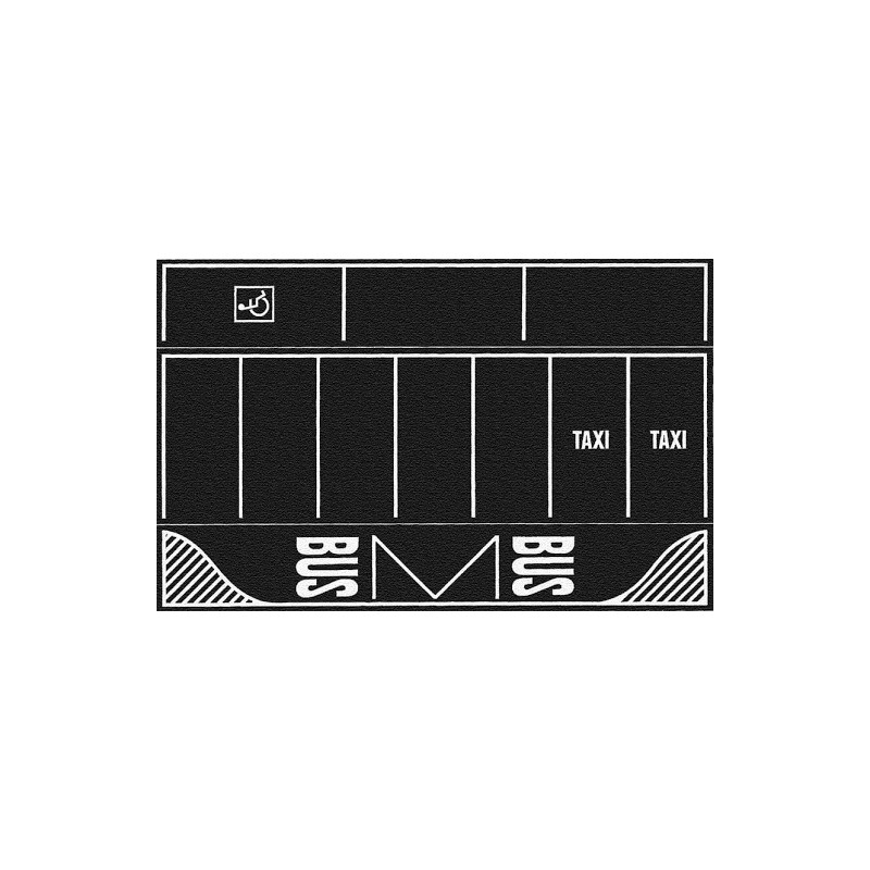 Parking 2 Szt., skala 1:XX, 22x14cm, czarne tło z białymi oznaczeniami dla autobusów i taksówek.